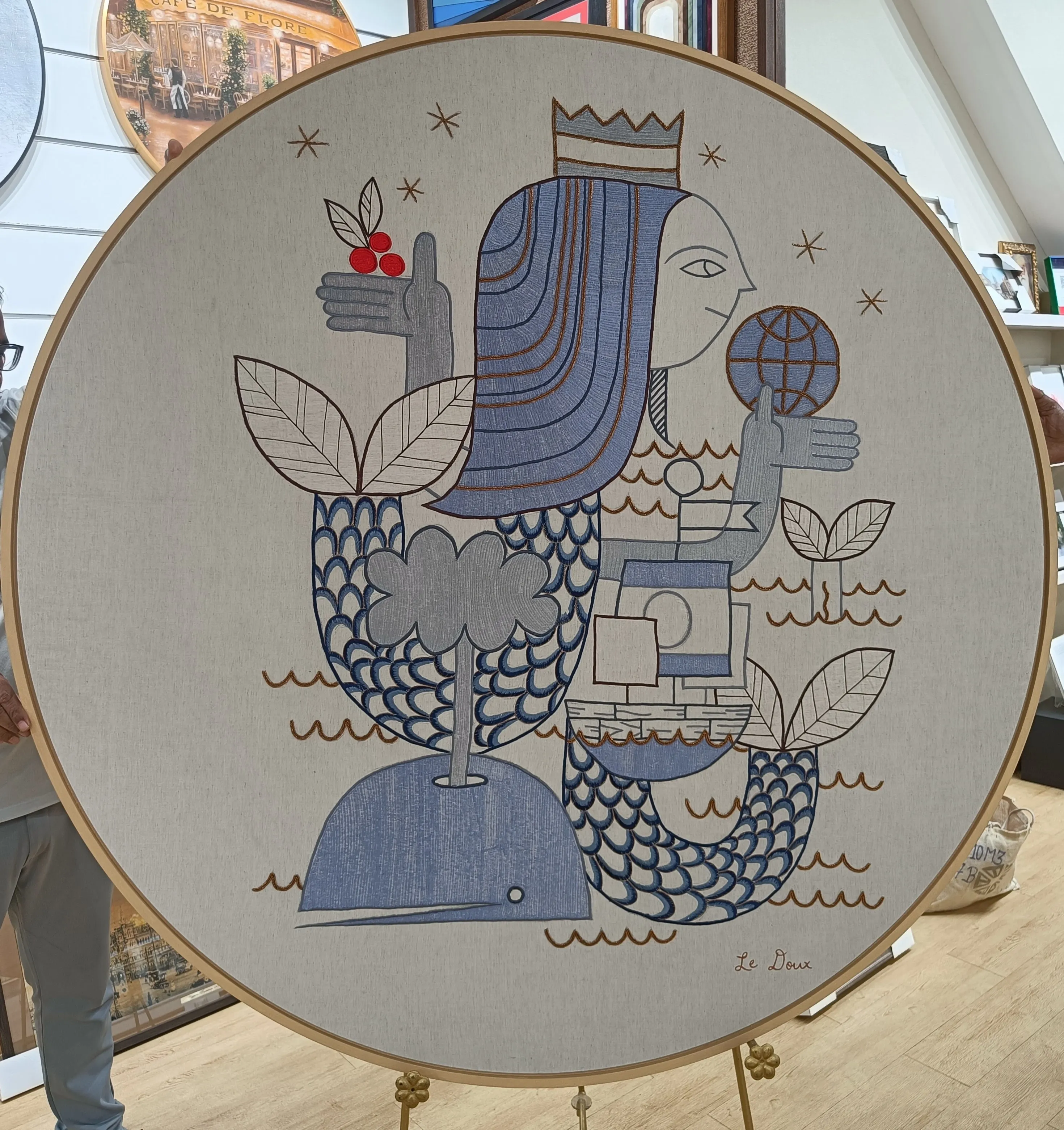 Detail of the embroidered wave installation at the Starbucks M2M jetty store